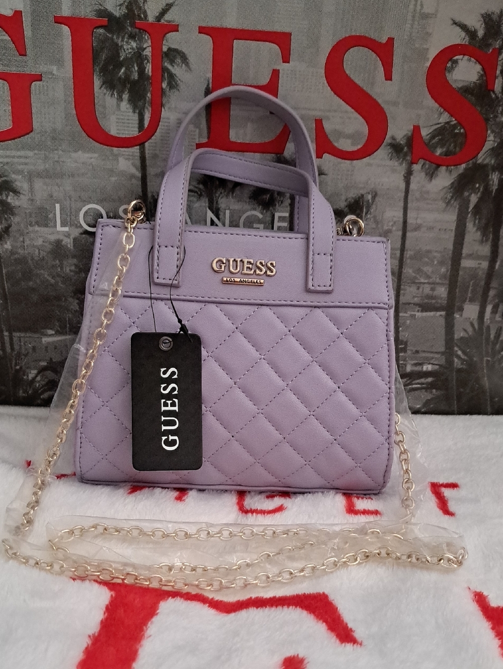 GUESS Lavender Quilted Satchel Bag Crossbody with Gold Chain Strap